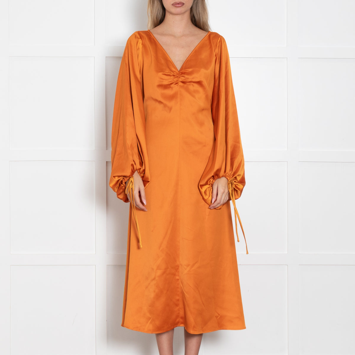 Staud Orange Silky Dress with Balloon Sleeve