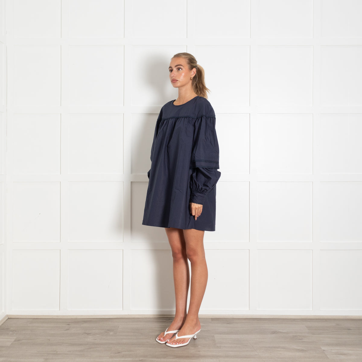 La Semaine Navy Shirt Dress With Embroidered Trim