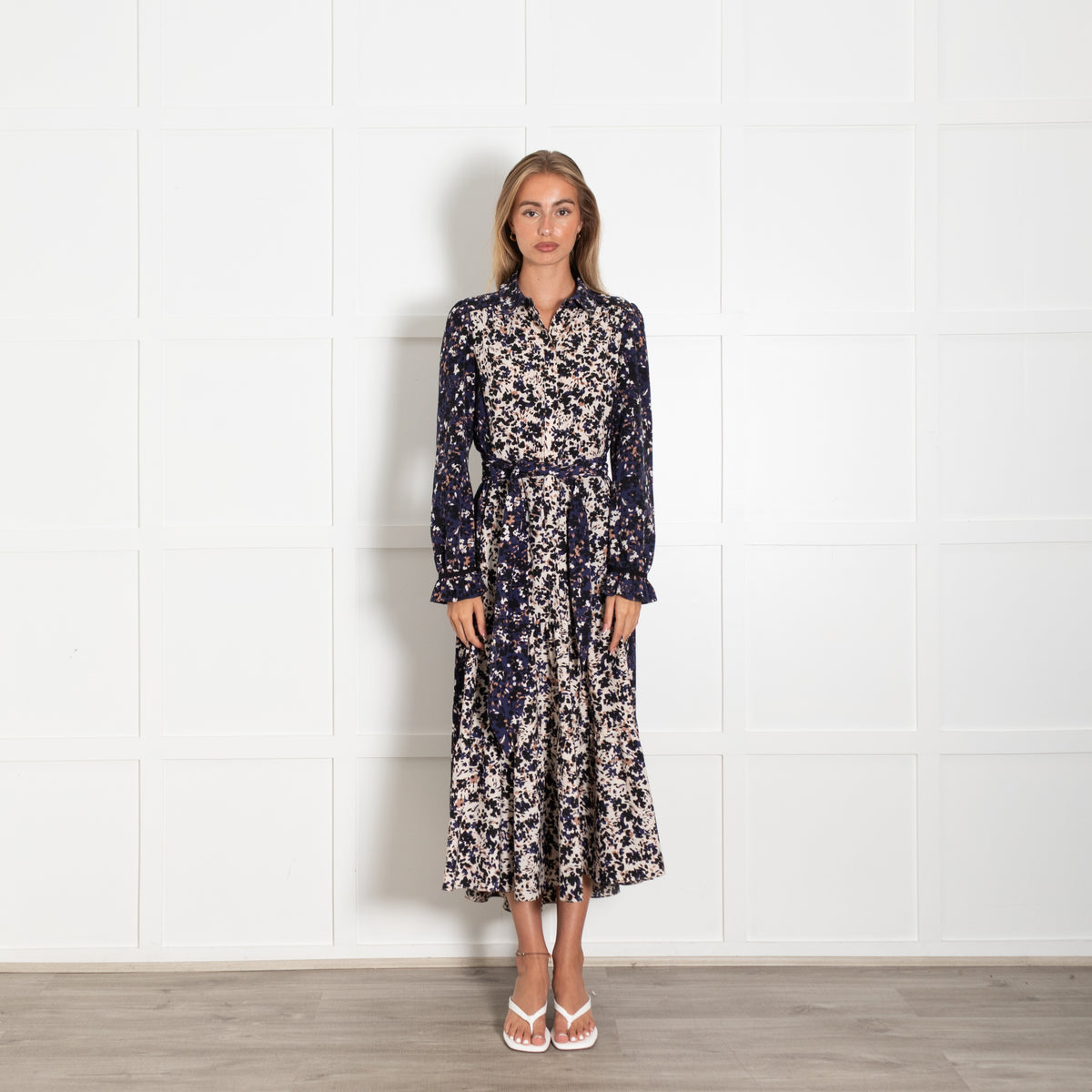 Me +Em Blue Black And Cream Floral Print Maxi Shirt Dress With Tie Belt