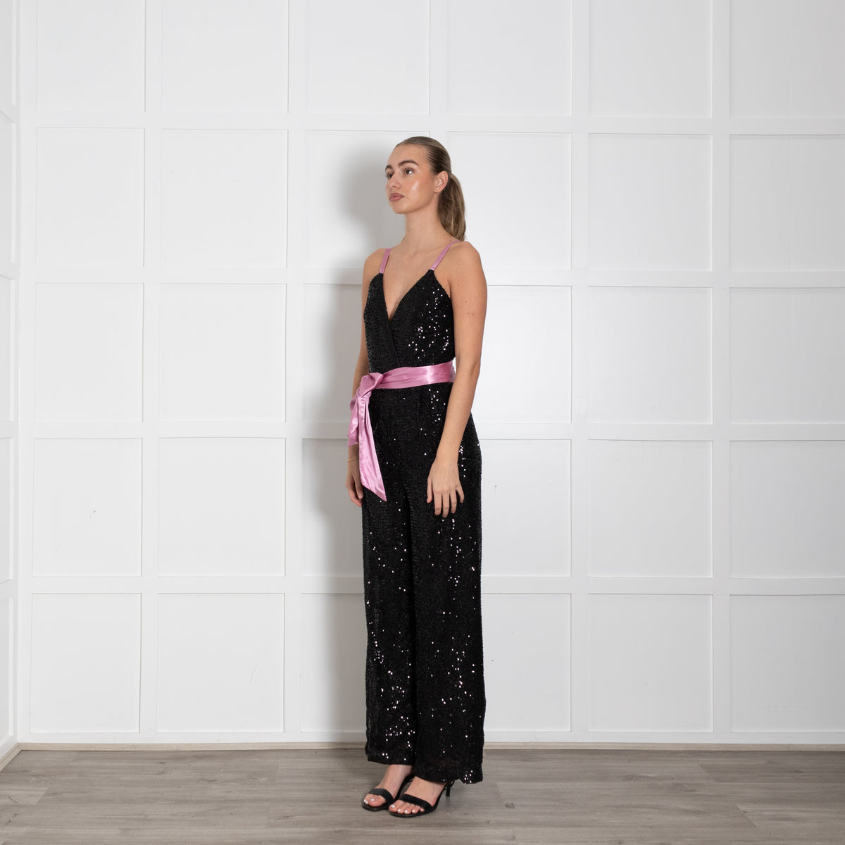 Rock The Jumpsuit Black Sequinned Pink Satin Ribbon Detail Jumpsuit
