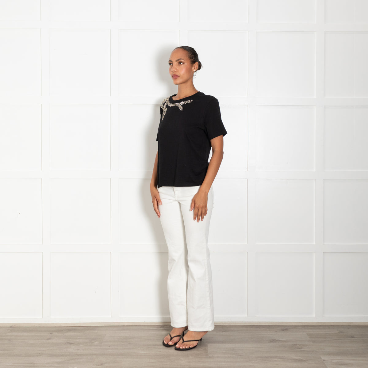 Sandro Black T Shirt With Crystal Embellishment
