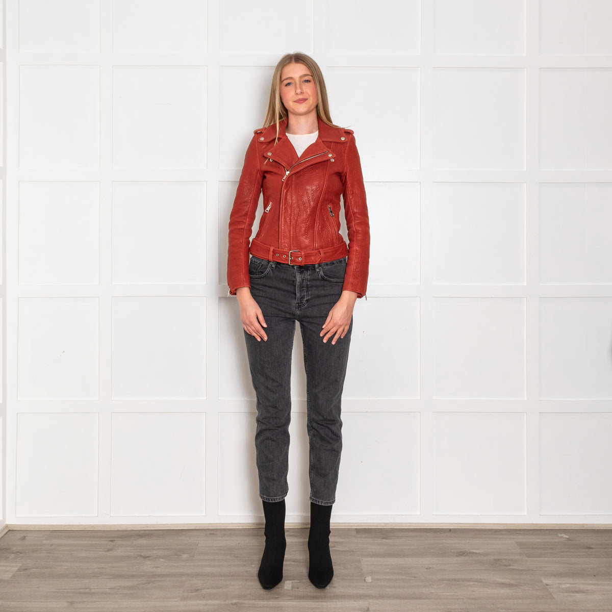 Maje Red Textured Leather Biker Jacket