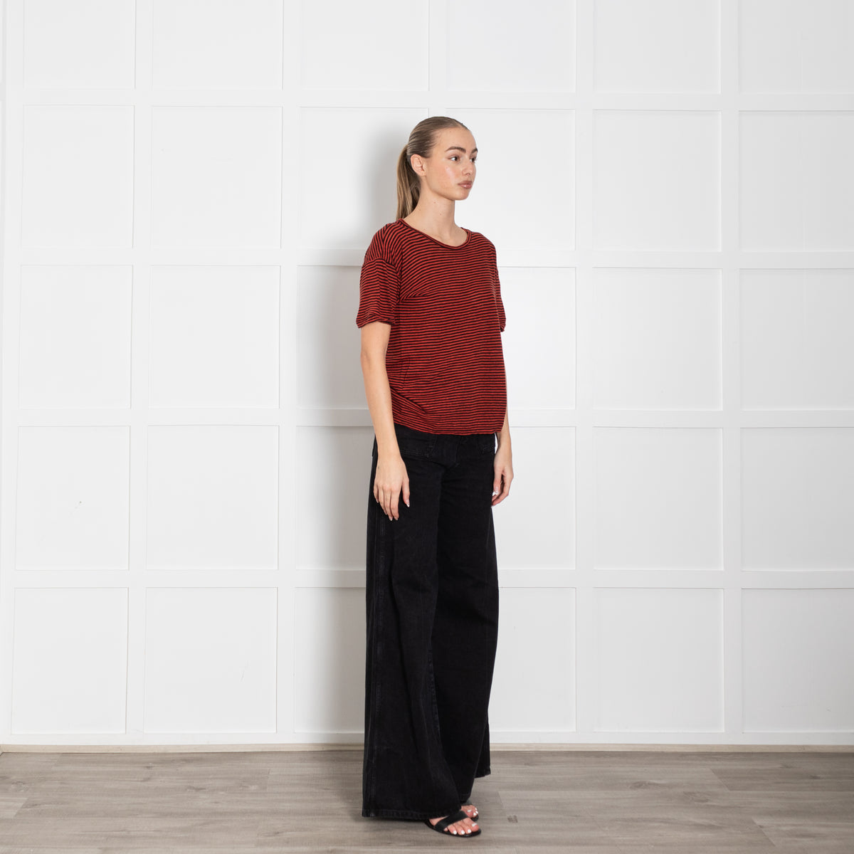Isabel Marant Etoile Red & Black Striped Short Sleeve Top