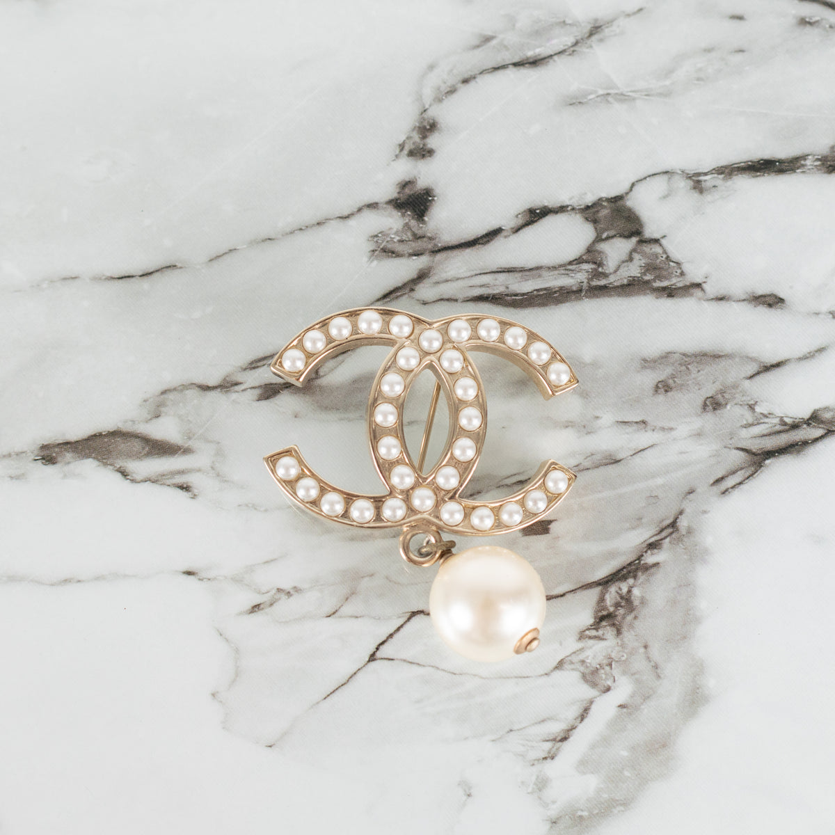 Chanel Gold Tone Faux Pearl CC Brooch