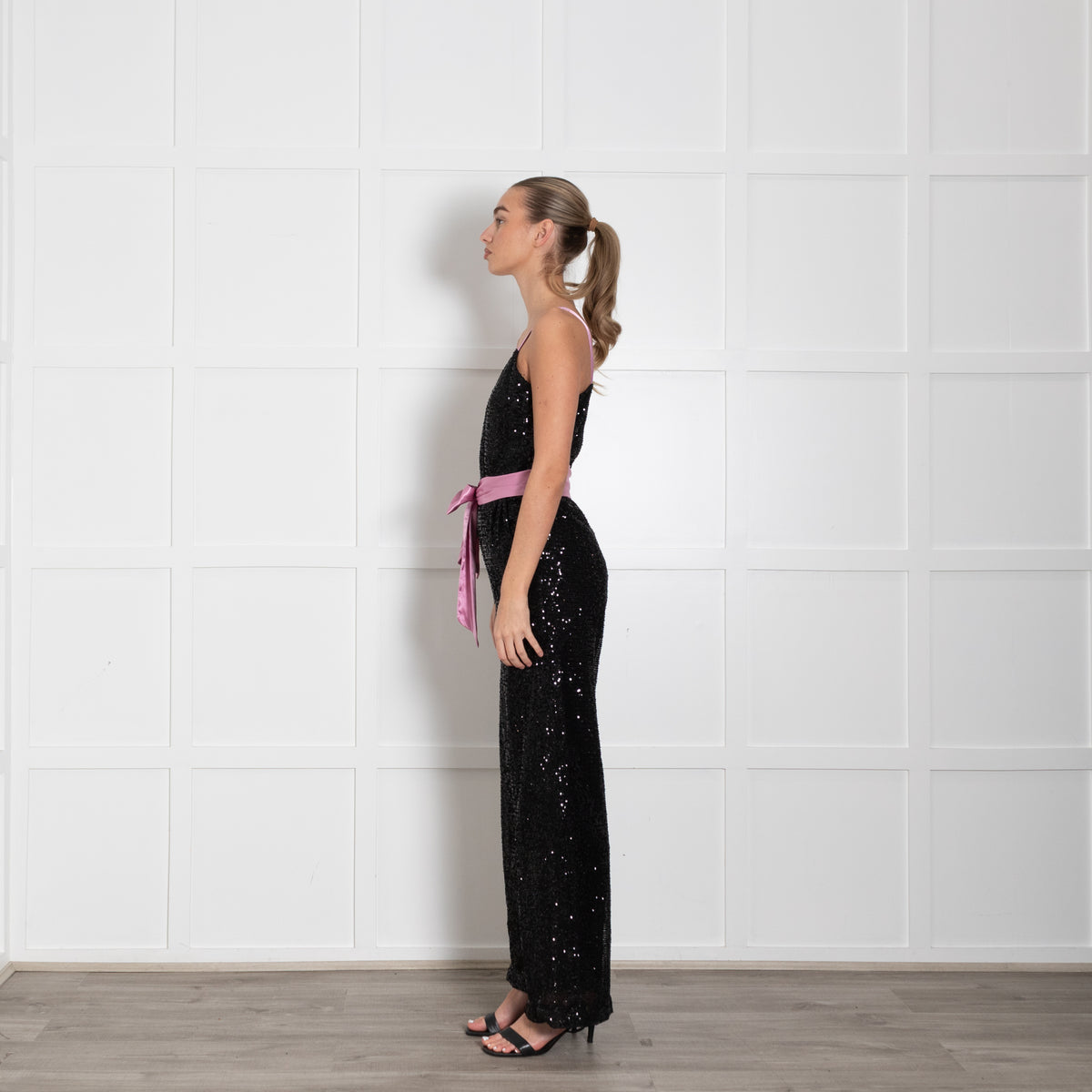 Rock The Jumpsuit Black Sequinned Pink Satin Ribbon Detail Jumpsuit