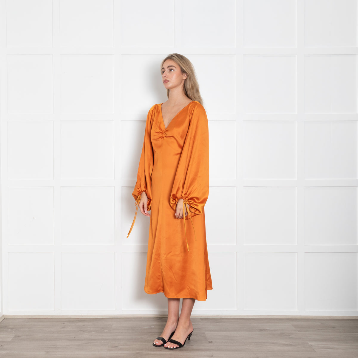 Staud Orange Silky Dress with Balloon Sleeve