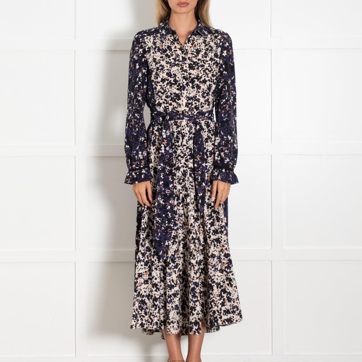 Me +Em Blue Black And Cream Floral Print Maxi Shirt Dress With Tie Belt