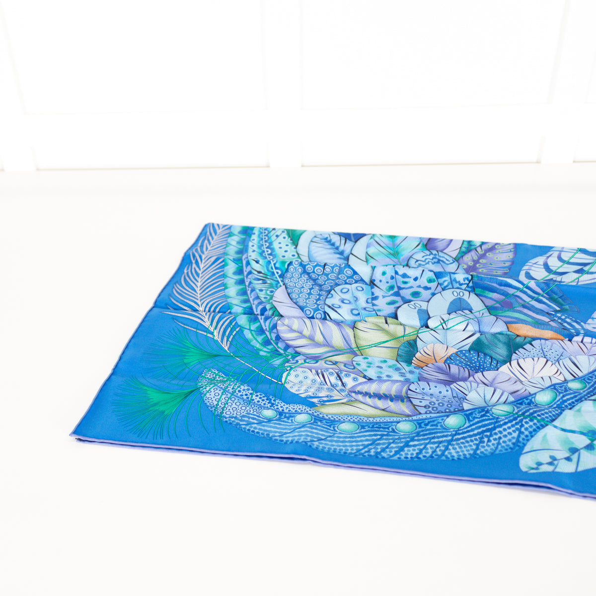 Hermes Colbat Blue & Turquoise Silk Plumes En Fete Scarf