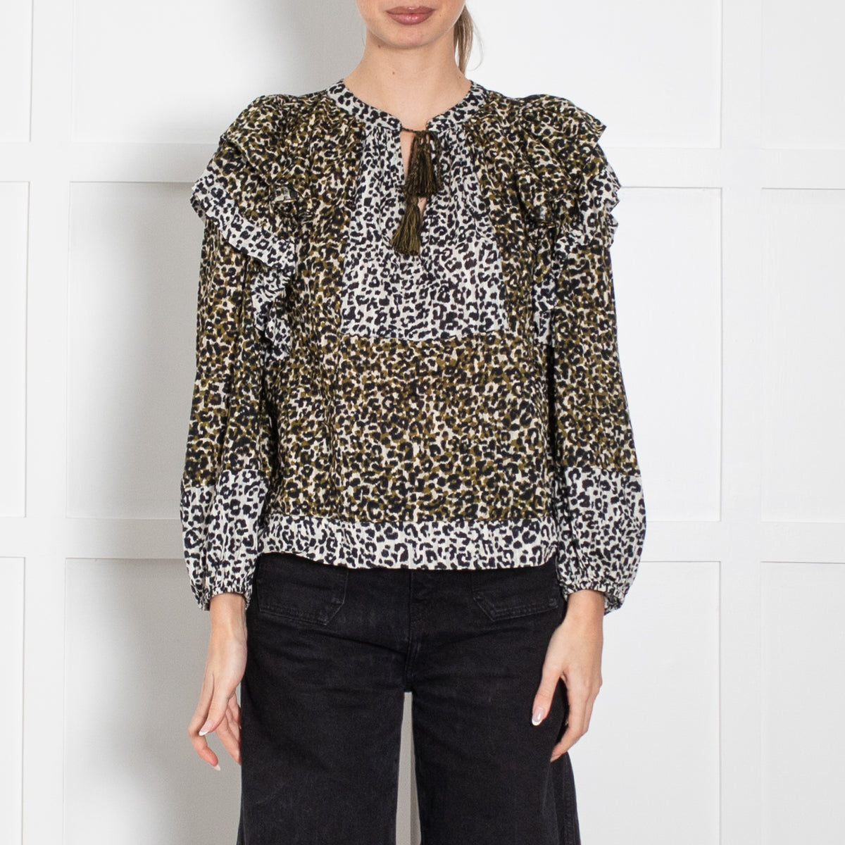 Ulla Johnson Ruffled Leopard Print Blouse With Tassle Tie
