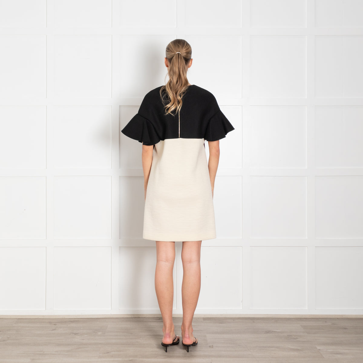 Marni Aubergine Cream Black Wool Blend Ruffle Sleeve Dress