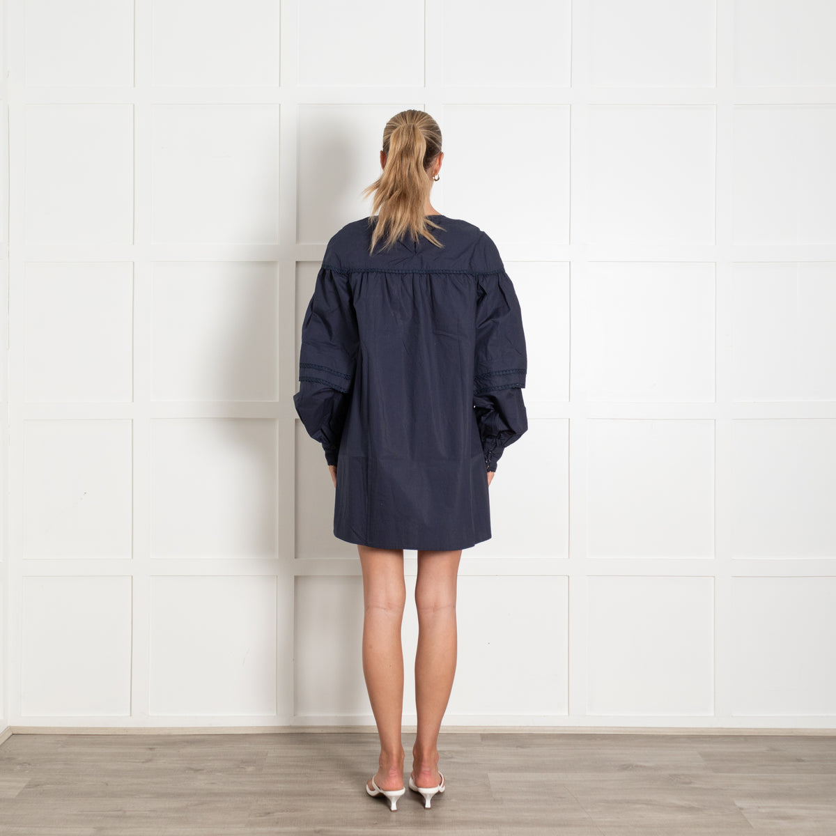La Semaine Navy Shirt Dress With Embroidered Trim