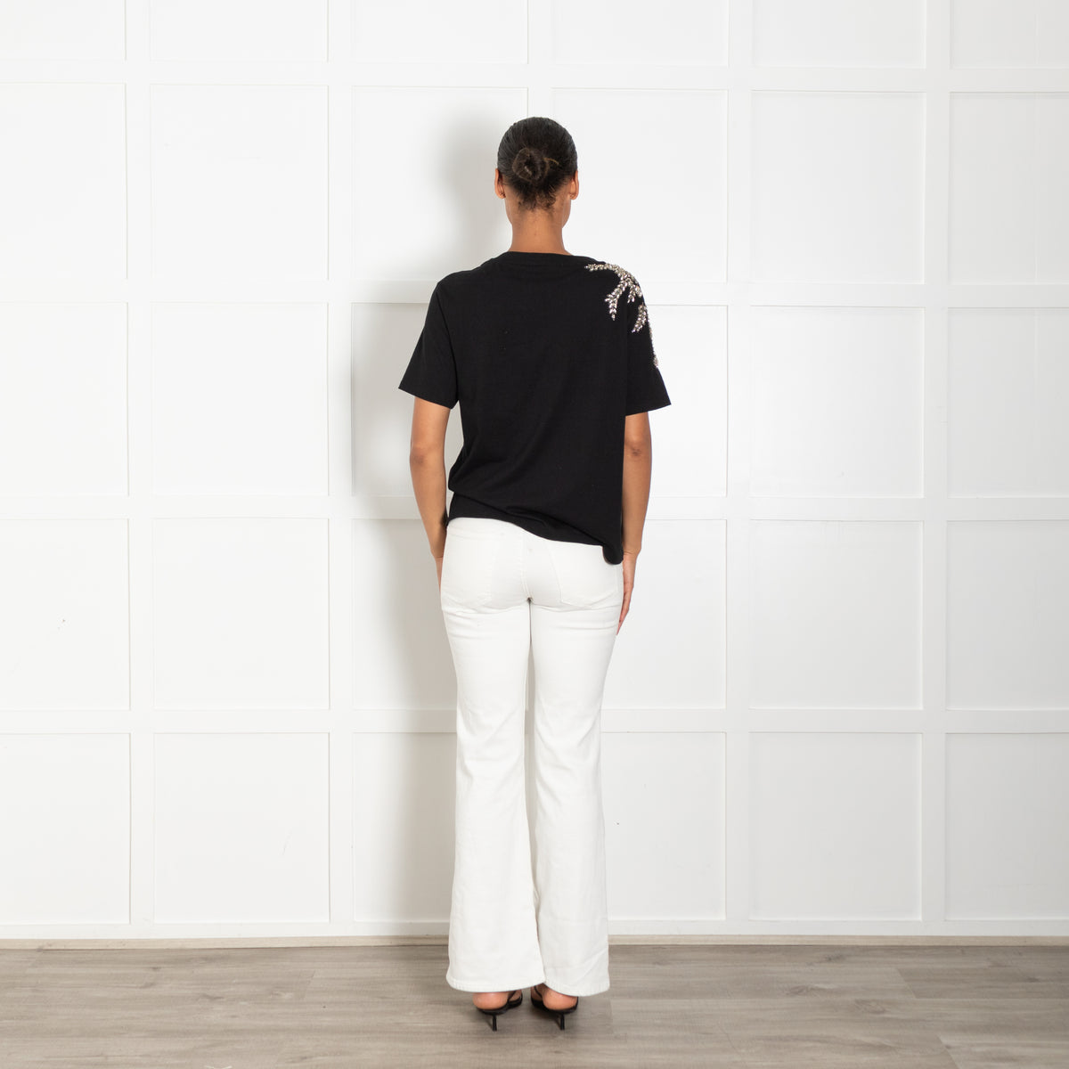 Sandro Black T Shirt With Crystal Embellishment