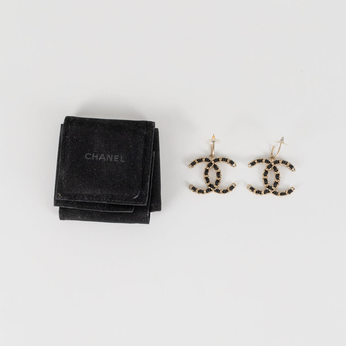 Chanel Gold Black Chain CC Hoop Earrings