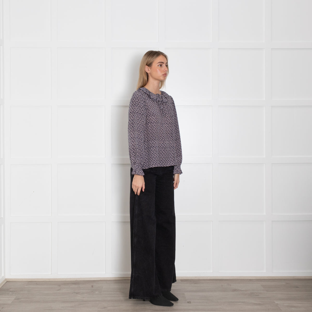 Rebecca Taylor Navy Pink Abstract Print Frill Neck Blouse