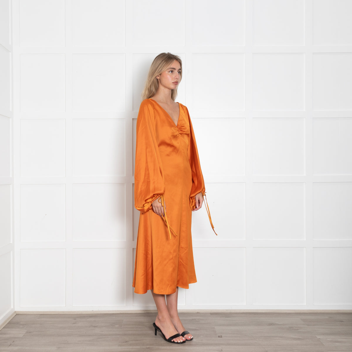 Staud Orange Silky Dress with Balloon Sleeve