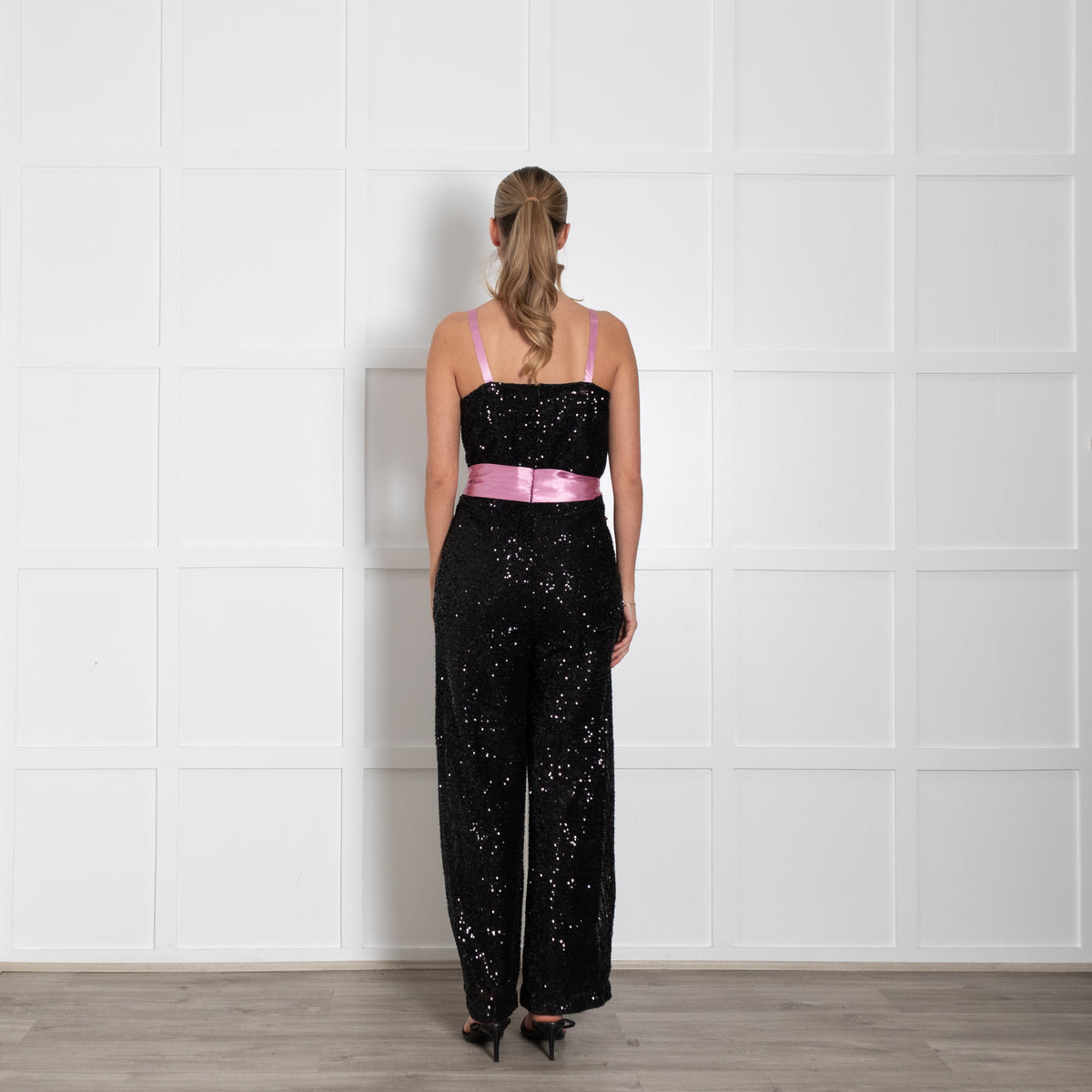 Rock The Jumpsuit Black Sequinned Pink Satin Ribbon Detail Jumpsuit