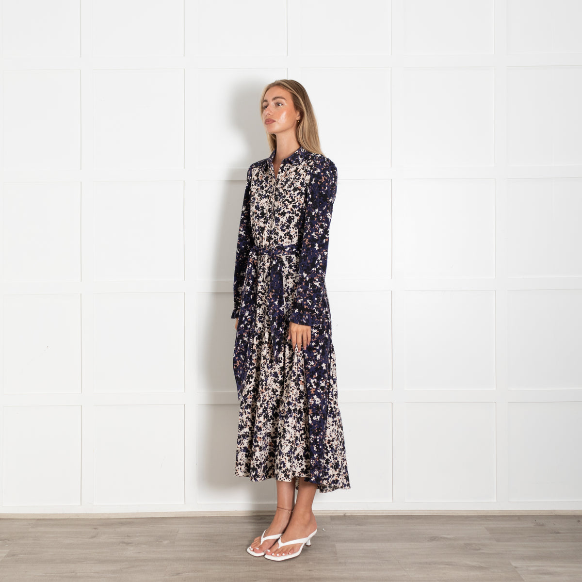Me +Em Blue Black And Cream Floral Print Maxi Shirt Dress With Tie Belt