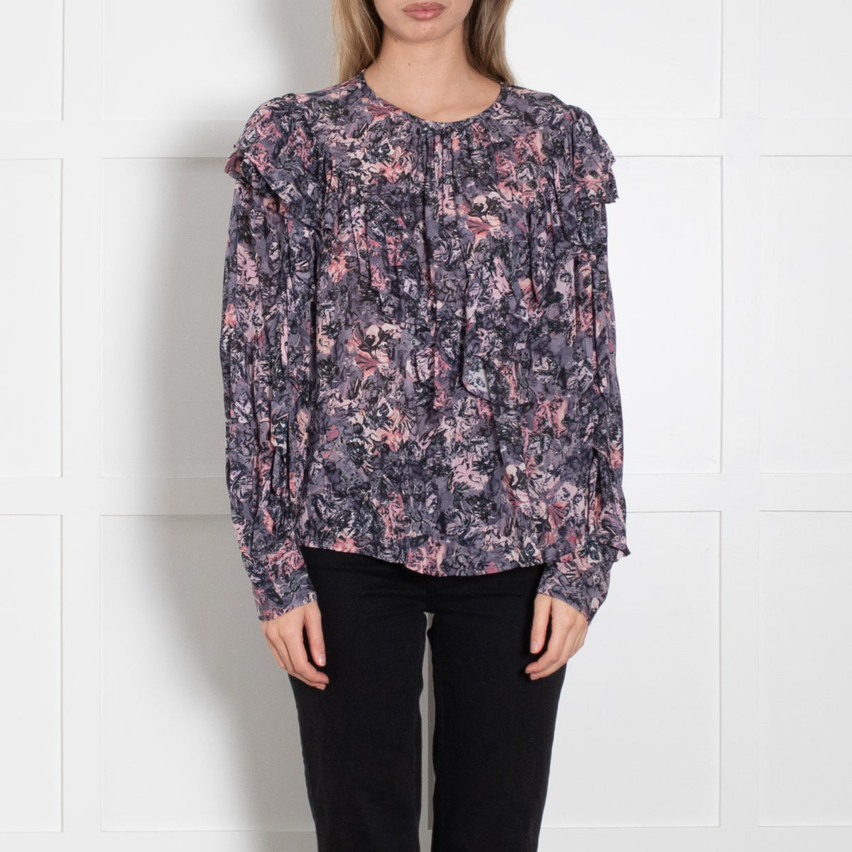 IRO Purple And Pink Floral Frill Front Long Sleeve Top