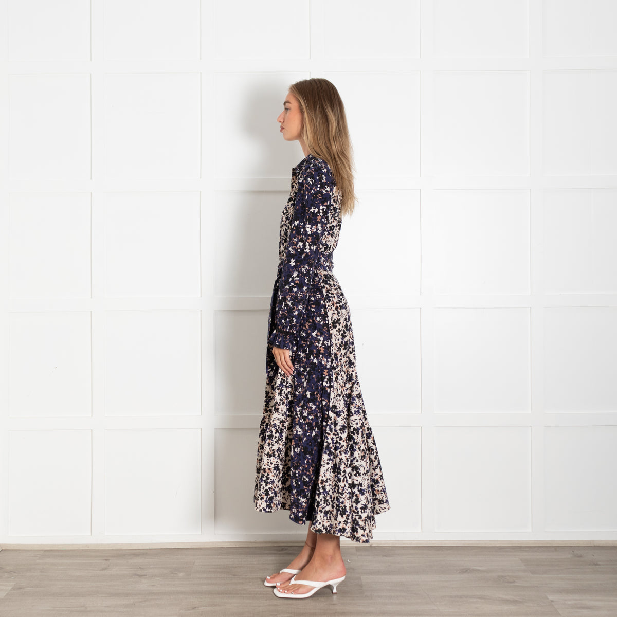 Me +Em Blue Black And Cream Floral Print Maxi Shirt Dress With Tie Belt