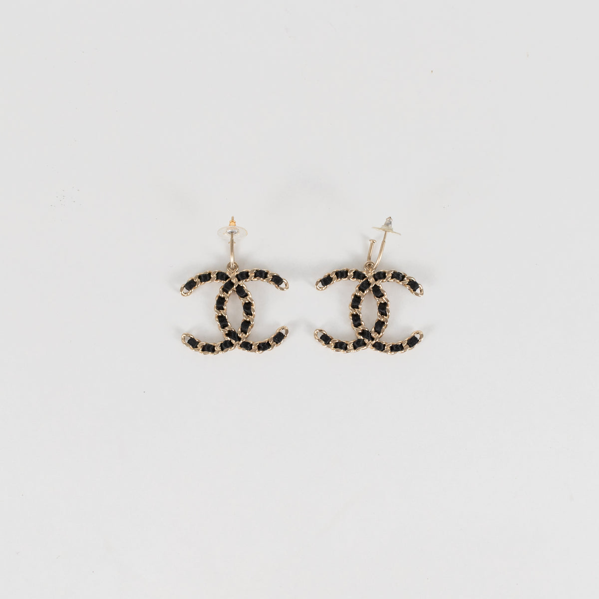 Chanel Gold Black Chain CC Hoop Earrings