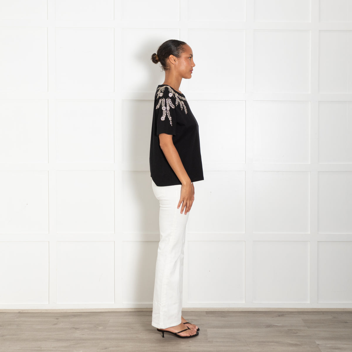 Sandro Black T Shirt With Crystal Embellishment