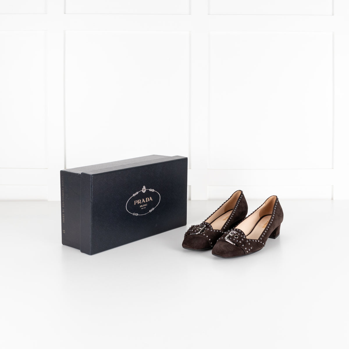 Prada Brown Suede Low Heel Pump With Silver Studs