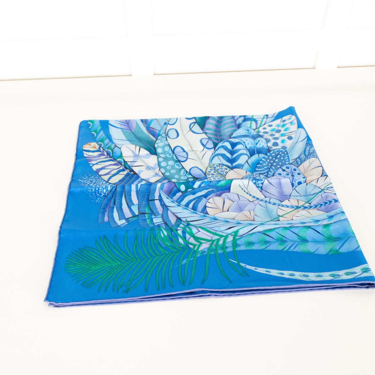Hermes Colbat Blue & Turquoise Silk Plumes En Fete Scarf