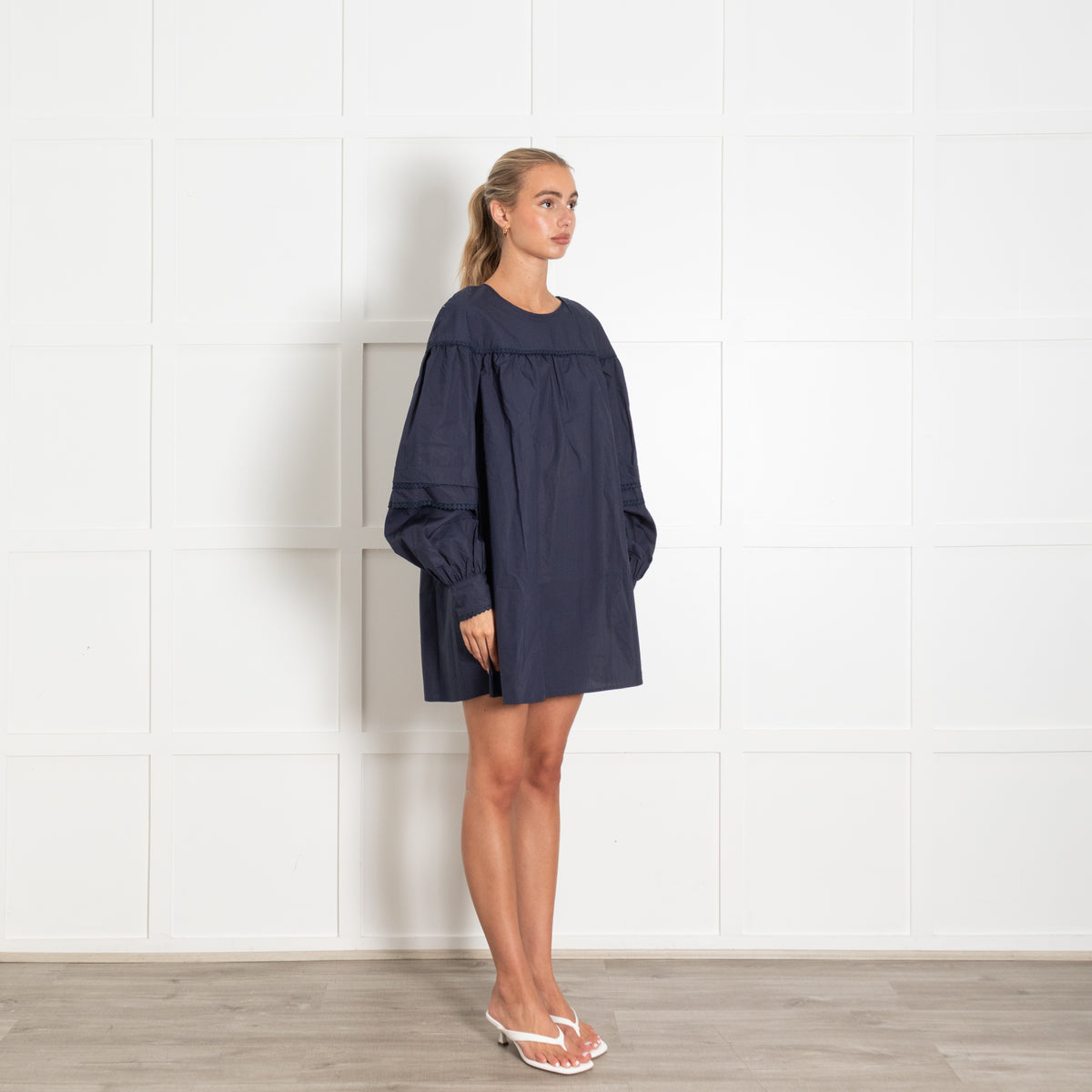 La Semaine Navy Shirt Dress With Embroidered Trim