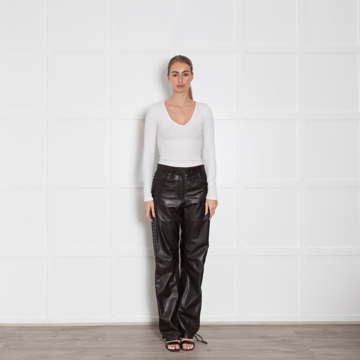 Rotate Brown Leather Eyelet Detail Trousers