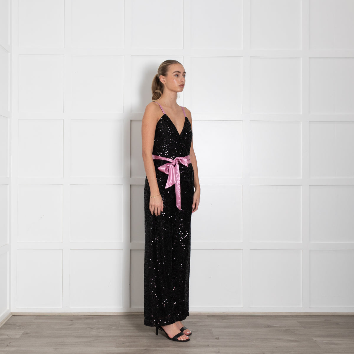 Rock The Jumpsuit Black Sequinned Pink Satin Ribbon Detail Jumpsuit