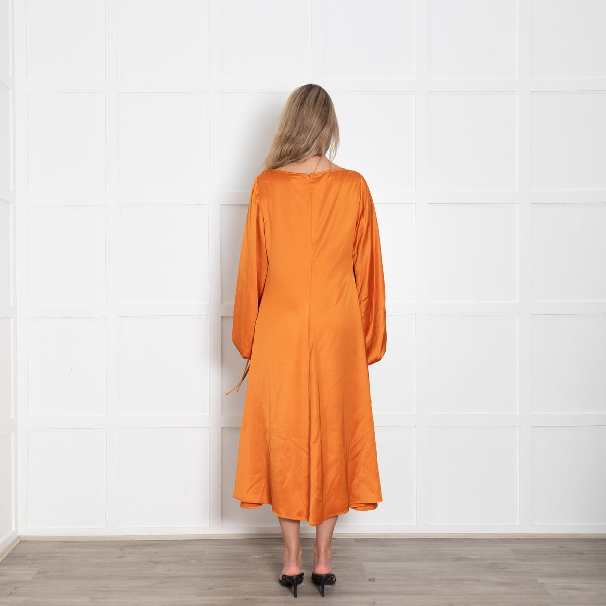 Staud Orange Silky Dress with Balloon Sleeve