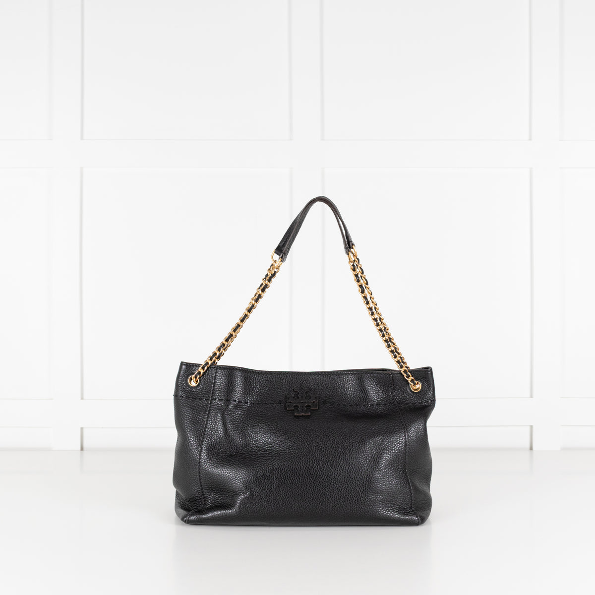 Tory Burch Black Grainy Leather McGraw Chain Shoulder Tote Bag