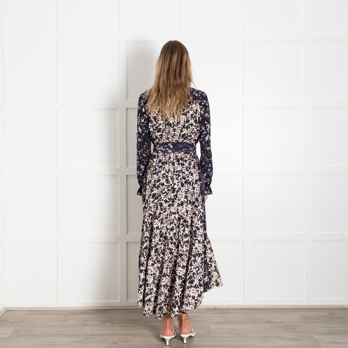 Me +Em Blue Black And Cream Floral Print Maxi Shirt Dress With Tie Belt