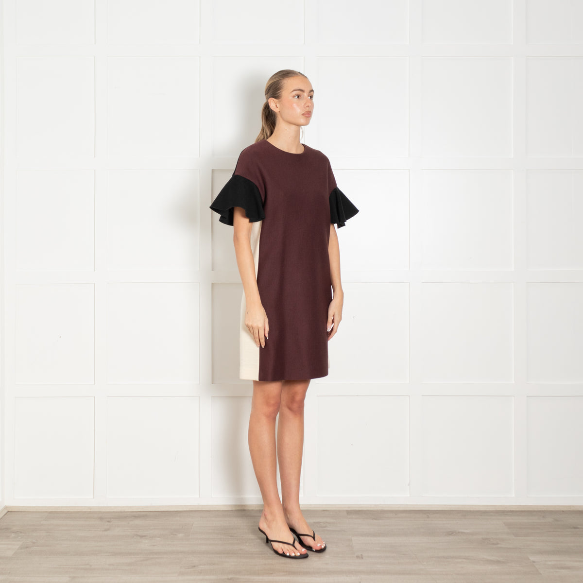 Marni Aubergine Cream Black Wool Blend Ruffle Sleeve Dress