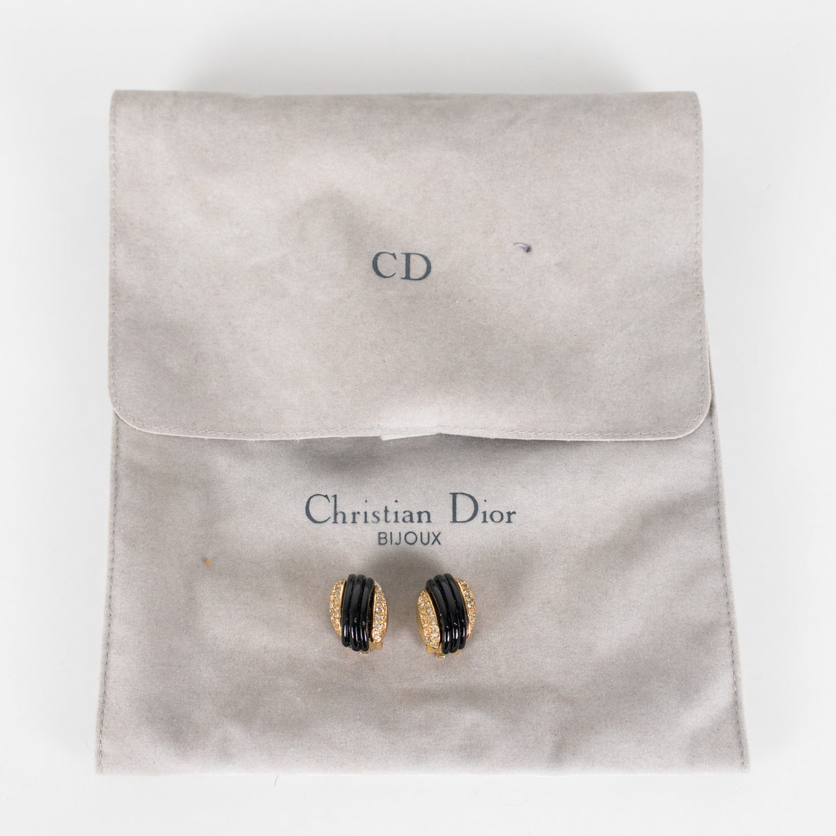 Christian Dior Gold Black Diamante Vintage Clip On Earrings