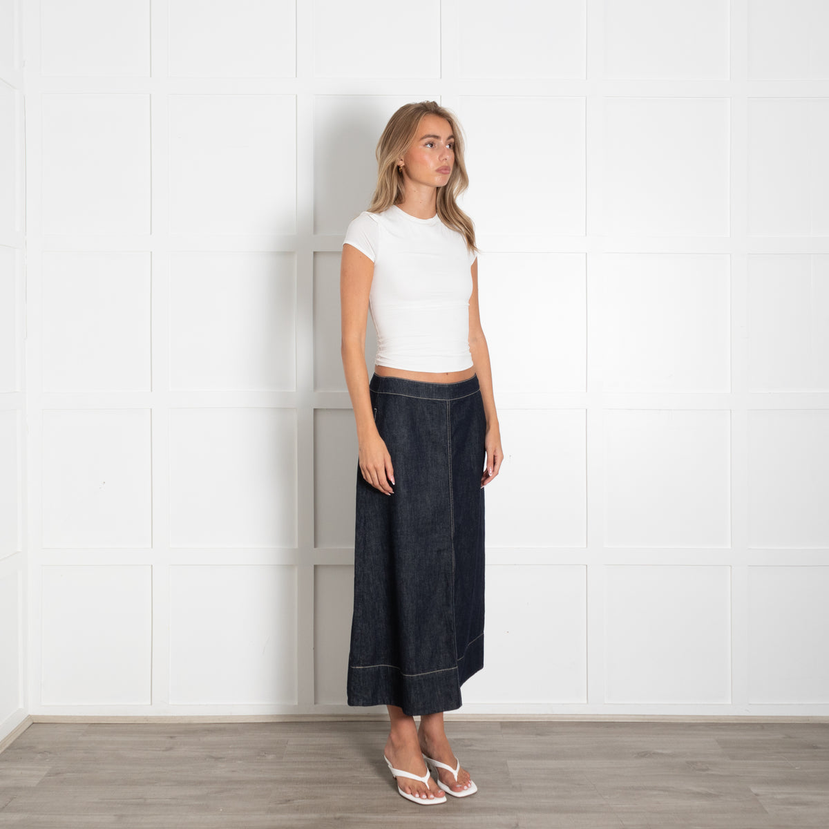 S Maxmara Denim A Line Midi Skirt With White Stitching