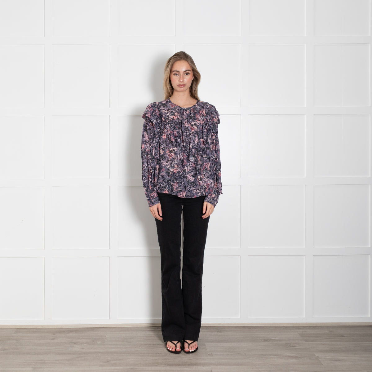 IRO Purple And Pink Floral Frill Front Long Sleeve Top