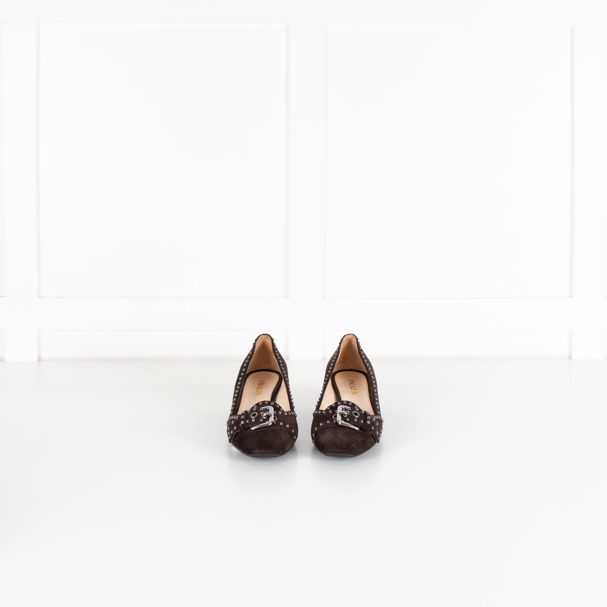 Prada Brown Suede Low Heel Pump With Silver Studs