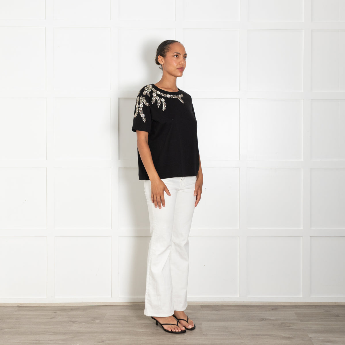 Sandro Black T Shirt With Crystal Embellishment