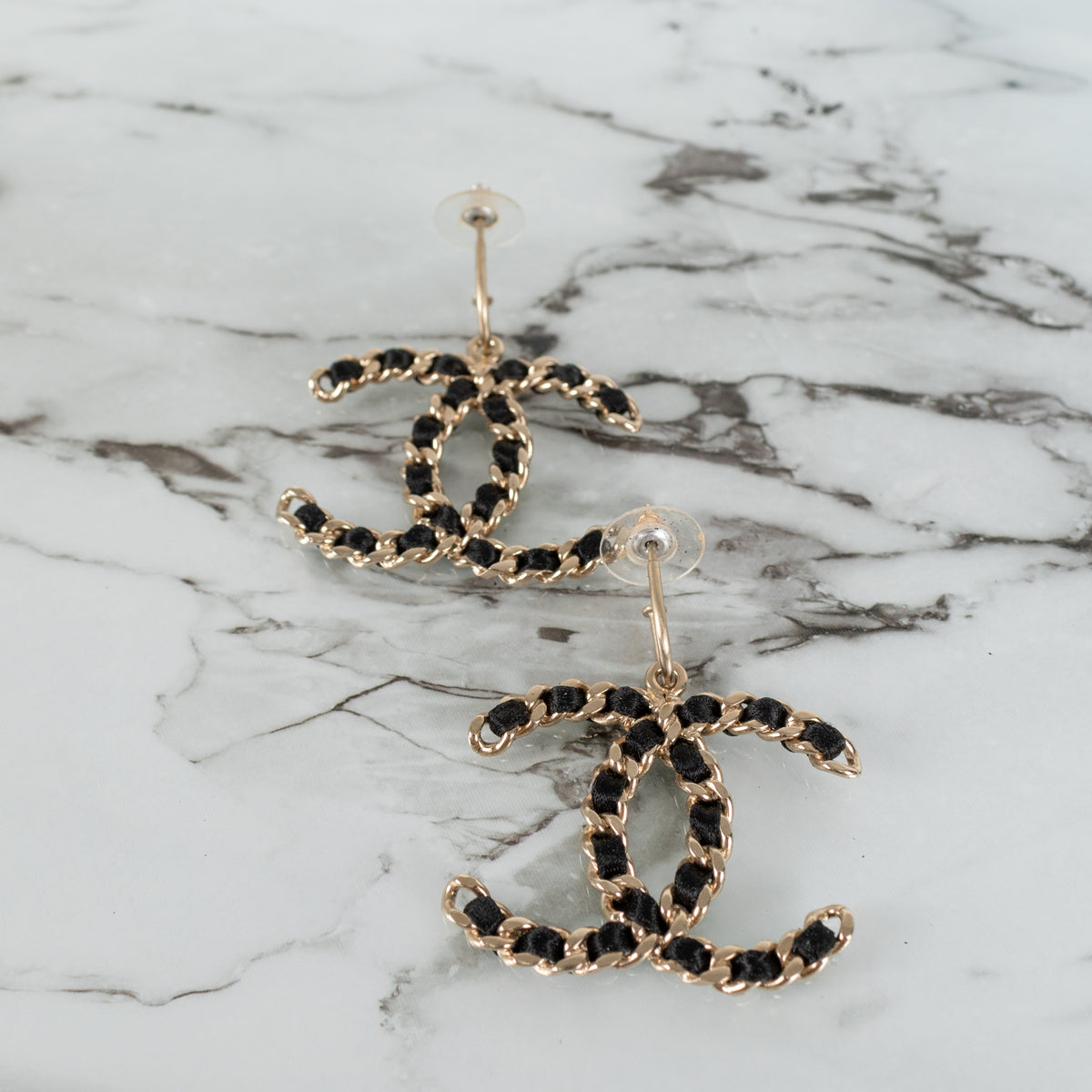 Chanel Gold Black Chain CC Hoop Earrings