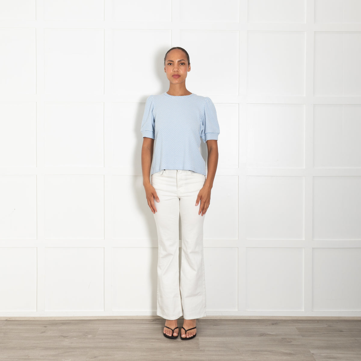 Me + Em Blue White Striped Pouf Sleeve Cotton Jersey Top
