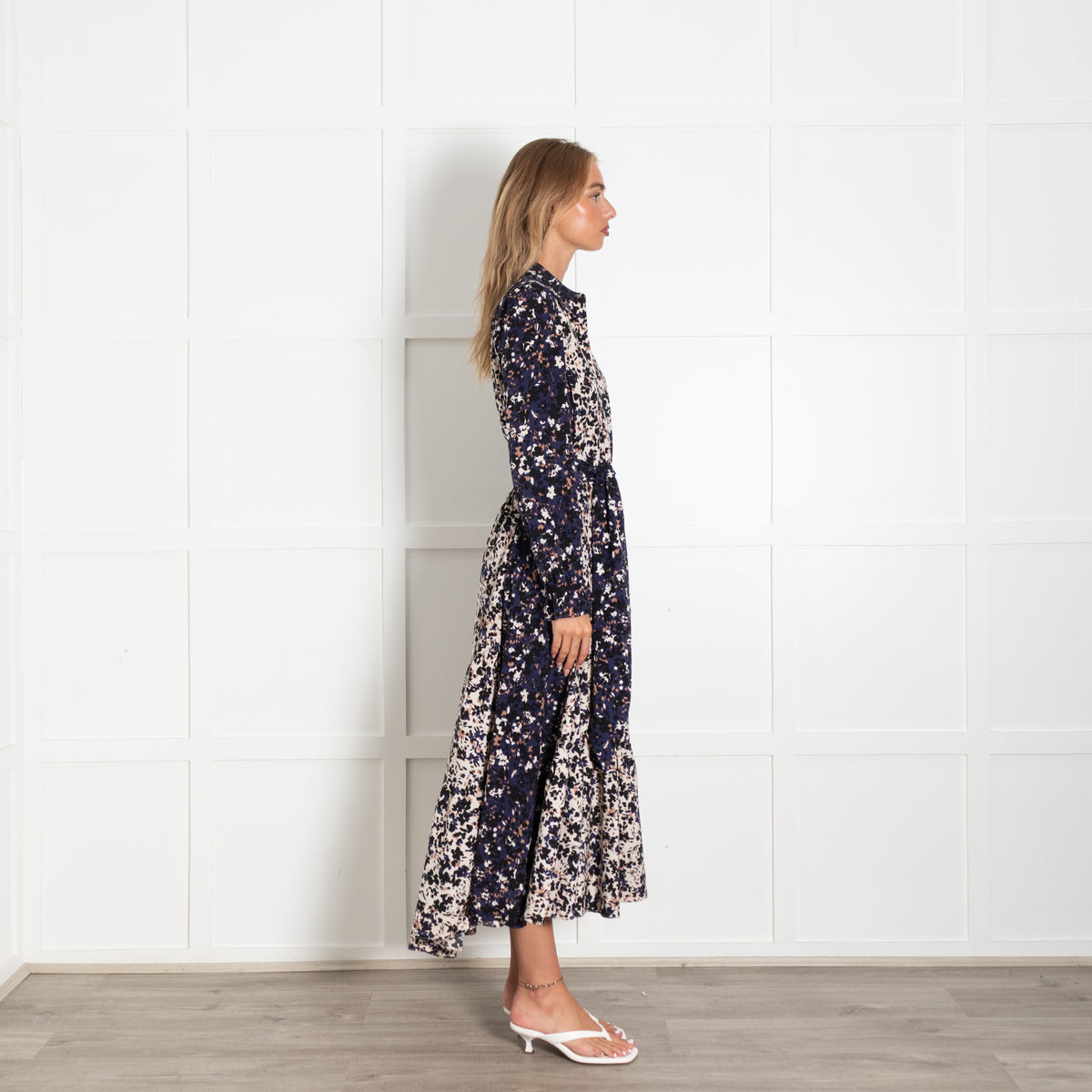 Me +Em Blue Black And Cream Floral Print Maxi Shirt Dress With Tie Belt