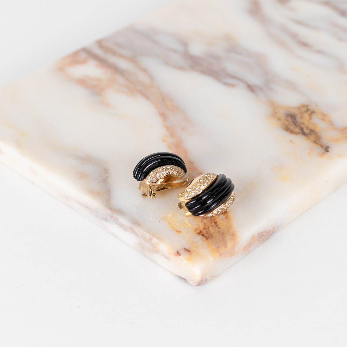 Christian Dior Gold Black Diamante Vintage Clip On Earrings