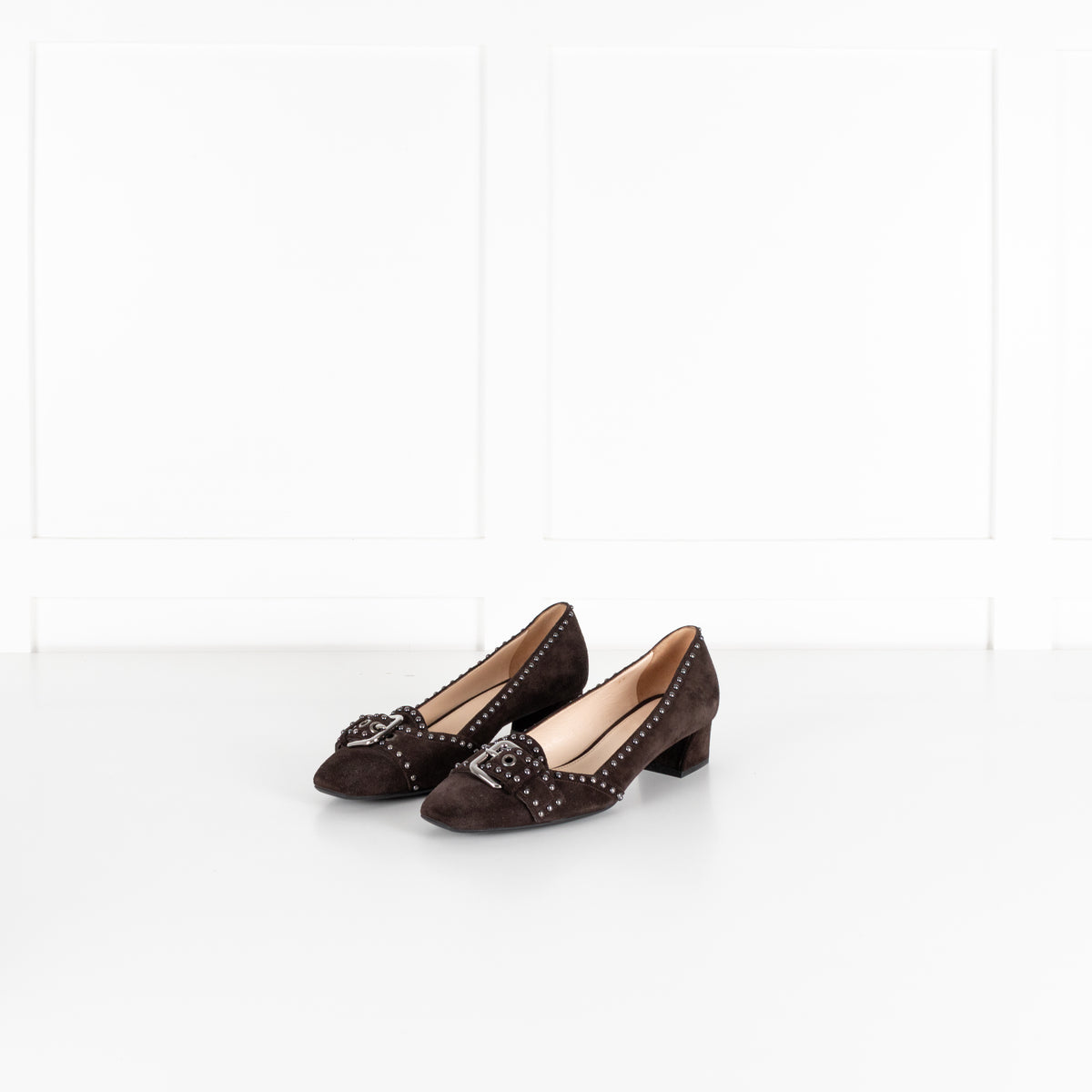 Prada Brown Suede Low Heel Pump With Silver Studs