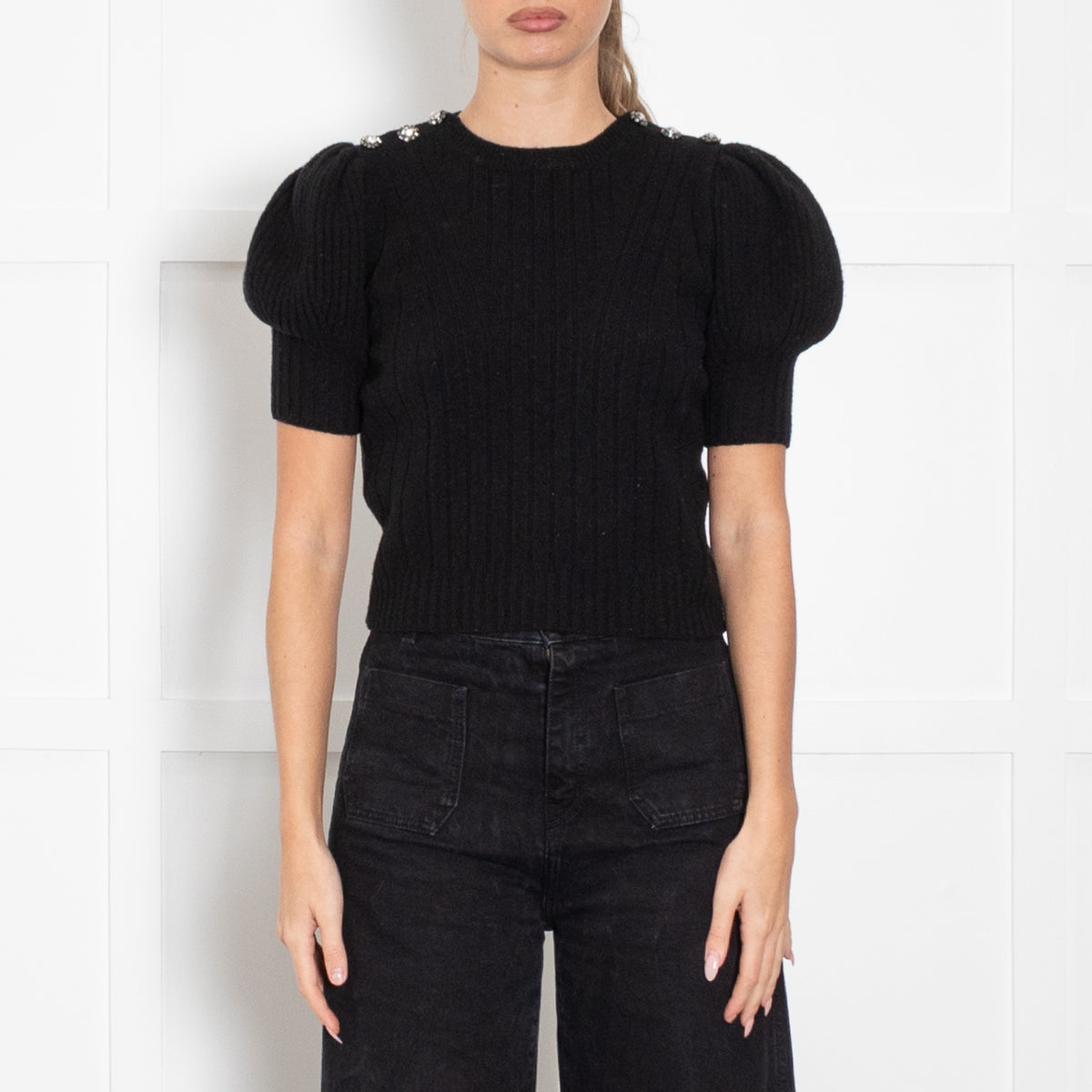 Alexander McQueen Black & Grey Short Sleeve Jumper With Crystal Embellished Buttons