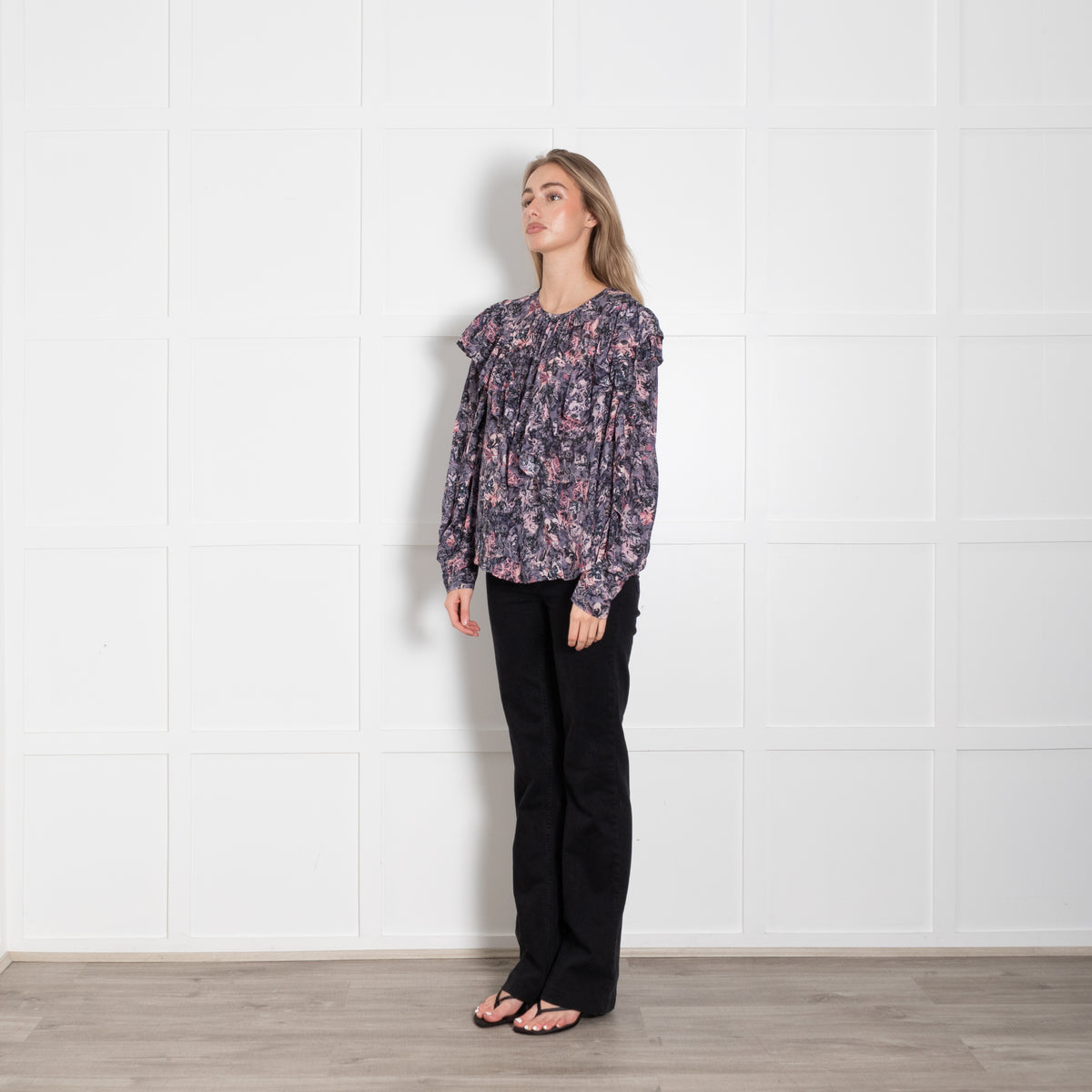 IRO Purple And Pink Floral Frill Front Long Sleeve Top