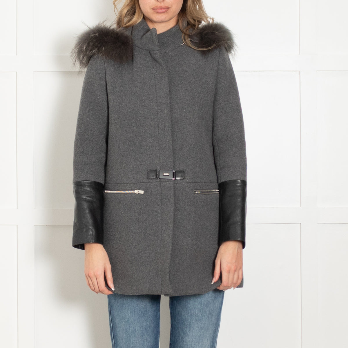 Claudie Pierlot Grey Coat with Leather Cuffs and Detachable Fur Hood