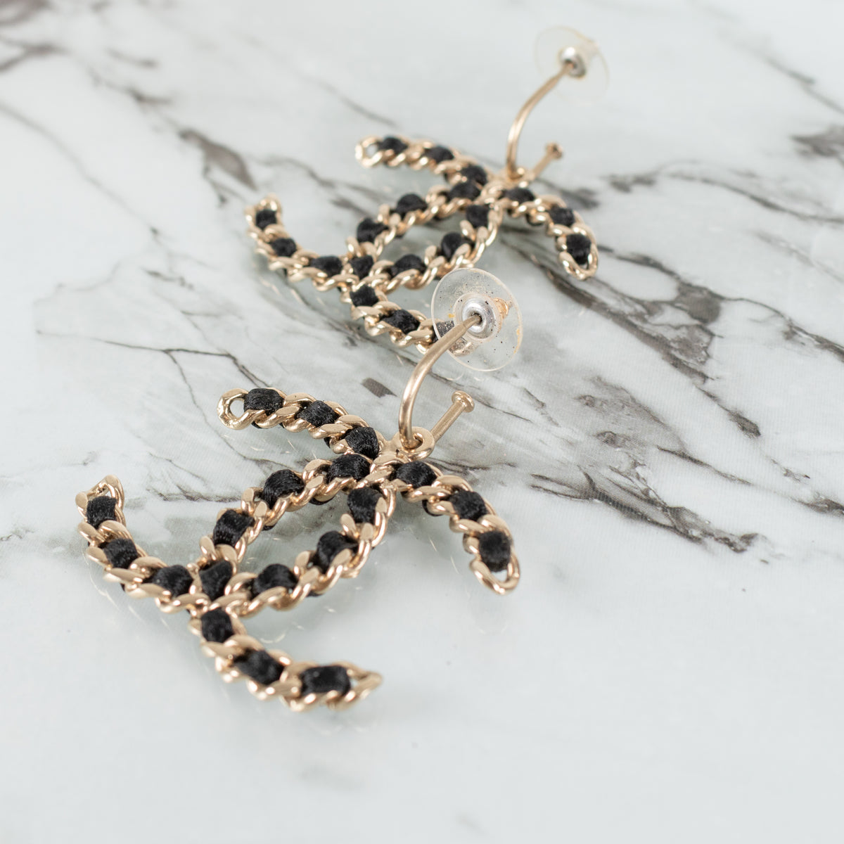 Chanel Gold Black Chain CC Hoop Earrings
