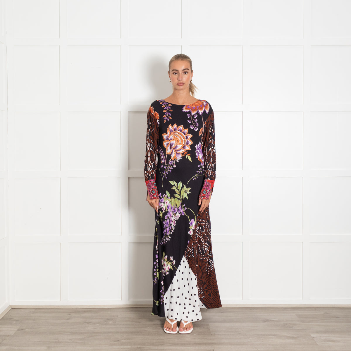 Hayley Menzies Black With Orange Floral Motif Mixed Pattern Longsleeve Maxi Dress