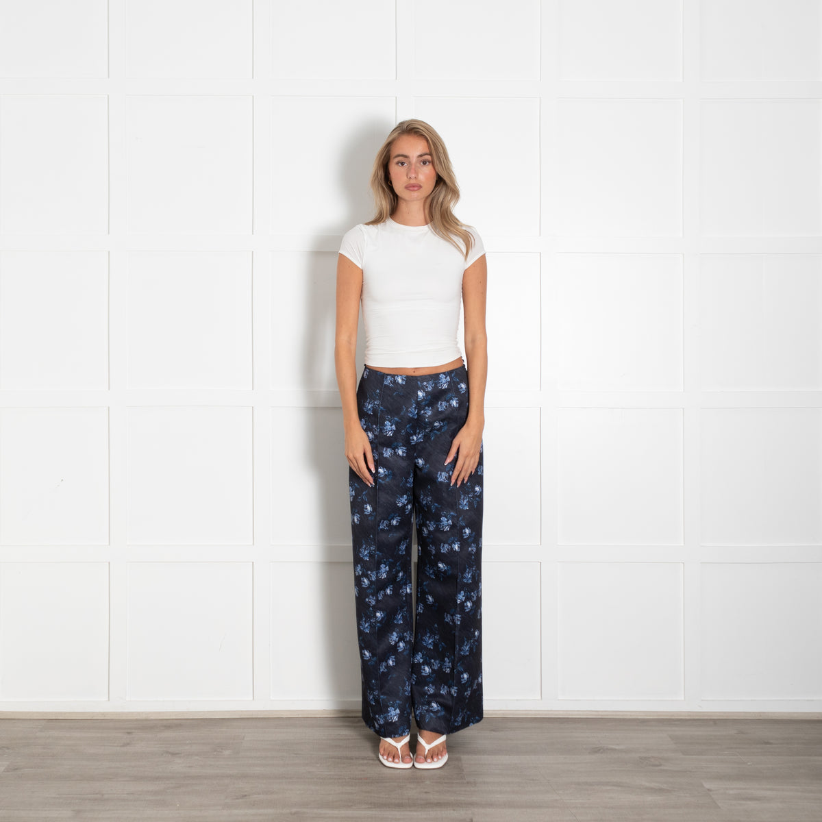 Emilia Wickstead Navy Taffeta Daffy Trousers Ditsy Rose Floral Print